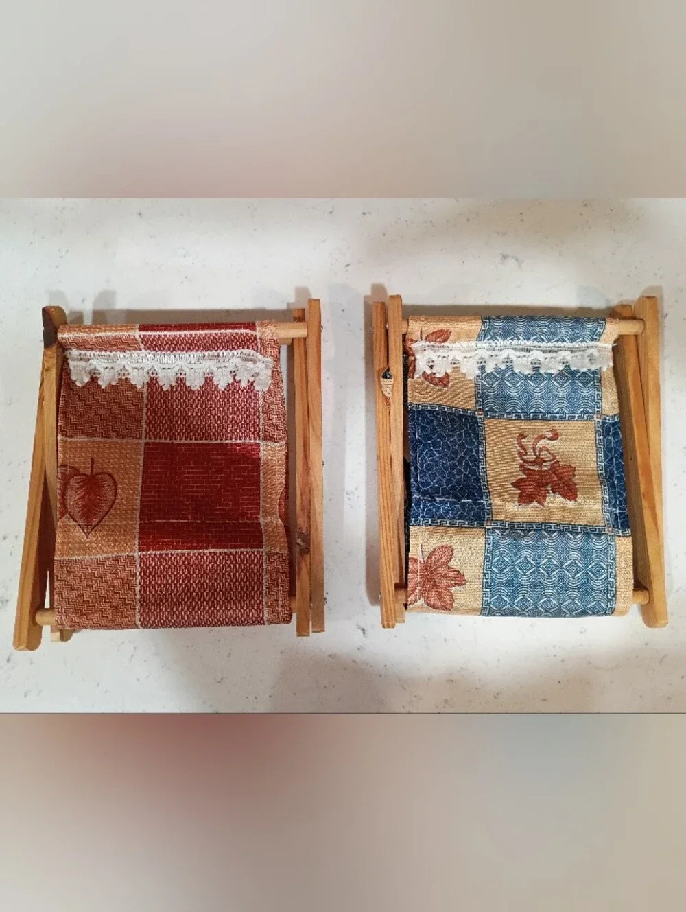 Set Of Vintage Wooden Knitting Caddies - Red and Blue